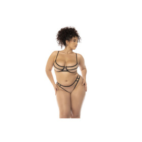 Ensemble 3 pièces noir et chair grande taille, soutien gorge avec armatures, serre taille et string 
